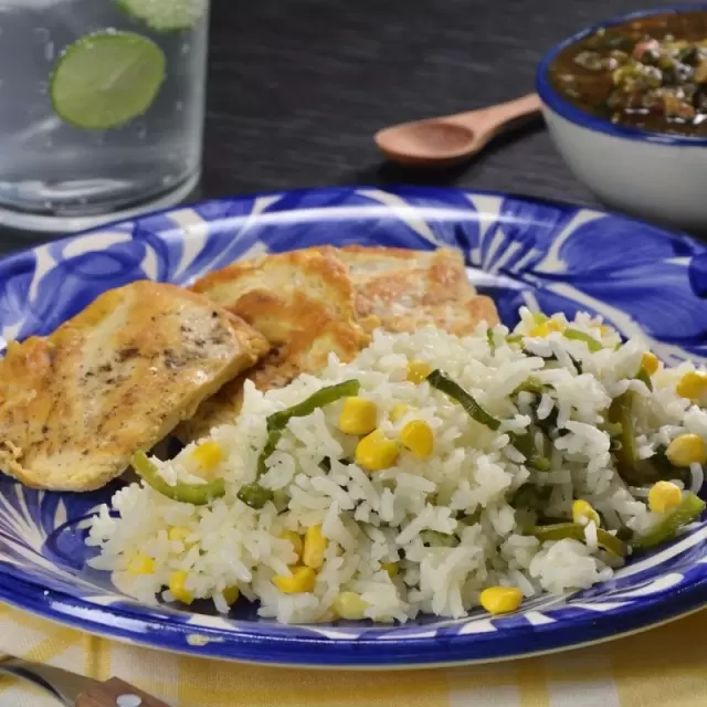 White Rice with Poblano Strips and Corn