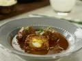 Egg-Stuffed Meatballs in Pasilla Chile Sauce 